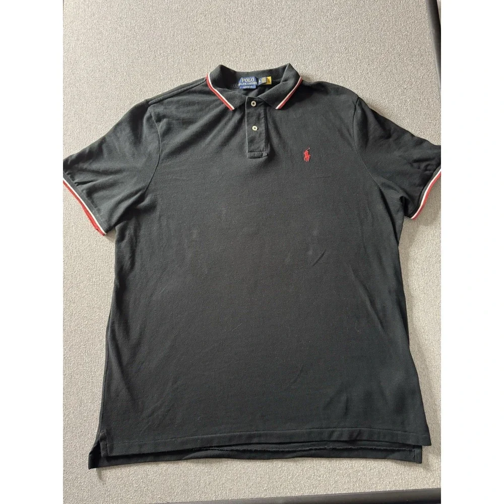 Polo Ralph Lauren Men's Black Polo Shirt With Red And White On Collar XL Classic